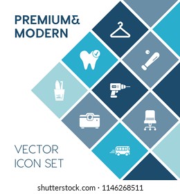 Modern, simple vector icon set on blue colorful background with sport, dentistry, furniture, bus, baseball, health, video, tooth, fashion, coat, hygiene, armchair, dentist, comfortable, healthy icons