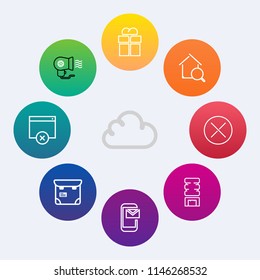 Modern, simple vector icon set on colorful circle backgrounds with present, email, box, air, real, bow, online, web, cooler, house, dryer, cold, christmas, white, electric, people, drink, page icons