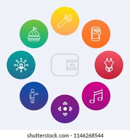Modern, simple vector icon set on colorful circle backgrounds with note, arrow, summer, communication, phone, meal, showing, fresh, music, business, white, meat, mail, fashion, email, food, cash icons