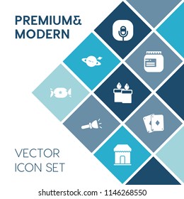Modern, simple vector icon set on blue colorful background with object, sale, audio, space, lollipop, light, bulb, lamp, dessert, sweet, game, food, jam, music, energy, play, radio, sound, fire icons