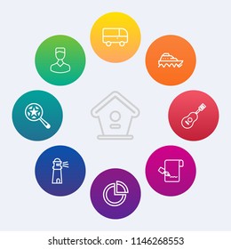 Modern, simple vector icon set on colorful circle backgrounds with bird, music, pen, birdhouse, musical, avatar, profile, ocean, head, lighthouse, paper, find, presentation, search, business icons