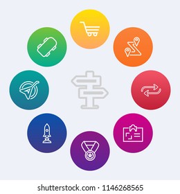 Modern, simple vector icon set on colorful circle backgrounds with road, award, card, map, hotel, disturb, door, win, music, board, hanger, musical, instrument, location, prize, replace, skate icons