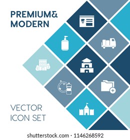 Modern, simple vector icon set on blue colorful background with pagoda, tower, home, sign, document, menu, culture, button, delivery, van, business, health, liquid, temple, transportation, house icons