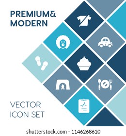 Modern, simple vector icon set on blue colorful background with t-shirt, scary, transportation, character, spoon, plate, horror, slipper, doughnut, shirt, food, vehicle, sweet, drive, automotive icons