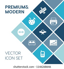 Modern, simple vector icon set on blue colorful background with machine, science, fitness, glass, station, computer, business, cold, trend, double, cocktail, object, tropical, ice, juice, graph icons