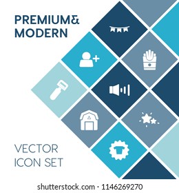 Modern, simple vector icon set on blue colorful background with food, meal, internet, background, add, shirt, night, social, event, peeler, farming, potato, holiday, unhealthy, decoration, lunch icons