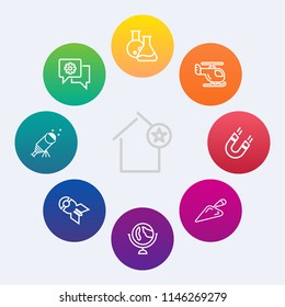 Modern, simple vector icon set on colorful circle backgrounds with home, pole, favorite, astronomy, science, nuclear, weapon, bomb, dental, planet, shovel, helicopter, laboratory, globe, sky icons