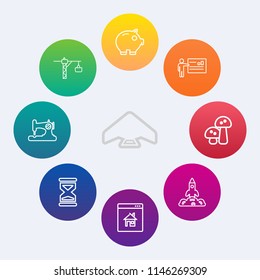 Modern, simple vector icon set on colorful circle backgrounds with edible, skydiving, finance, presentation, time, economy, craft, fly, science, launch, construction, space, sky, mushroom, bank icons