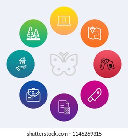 Modern, simple vector icon set on colorful circle backgrounds with forest, map, food, estate, cut, banking, sign, insect, web, environment, kitchen, money, home, travel, profile, road, financial icons