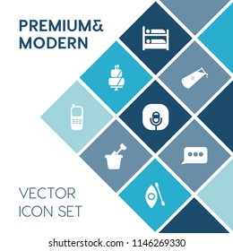 Modern, simple vector icon set on blue colorful background with science, pie, microphone, bakery, message, communication, room, childhood, element, child, phone, hotel, telephone, food, river icons