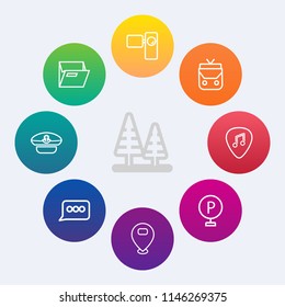 Modern, simple vector icon set on colorful circle backgrounds with road, vehicle, camera, hat, guitar, green, sign, captain, musical, office, tripod, car, urban, cap, nature, folder, map, chat icons