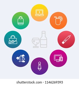 Modern, simple vector icon set on colorful circle backgrounds with card, plane, bottle, glass, alcohol, beverage, screen, restaurant, leather, wineglass, payment, style, aircraft, laptop, bag icons