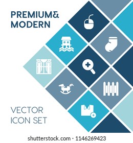 Modern, simple vector icon set on blue colorful background with clothes, interior, toy, socks, autumn, play, window, white, duck, boat, protection, ship, glass, winter, internet, travel, vessel icons