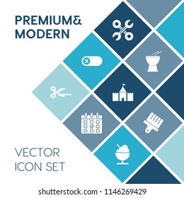 Modern, simple vector icon set on blue colorful background with tower, black, drum, tool, industrial, repair, switch, musical, turn, handyman, electrical, deactivate, reparation, time, music icons