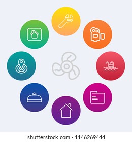 Modern, simple vector icon set on colorful circle backgrounds with modern, work, point, fan, heat, swimming, cool, property, cycle, blue, house, office, file, travel, spanner, handle, cooling icons