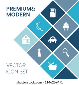 Modern, simple vector icon set on blue colorful background with shuttle, house, mobile, telephone, hotel, game, estate, king, technology, real, car, internet, zoom, automobile, room, science icons