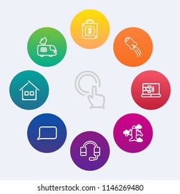 Modern, simple vector icon set on colorful circle backgrounds with news, push, home, rocket, architecture, headset, finger, press, online, craft, communication, estate, space, touch, aircraft icons