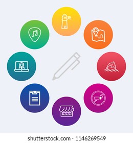 Modern, simple vector icon set on colorful circle backgrounds with water, animal, nature, shop, light, ocean, technology, tobacco, paper, rock, pen, cigarette, video, guitar, school, drawing, no icons