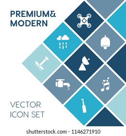 Modern, simple vector icon set on blue colorful background with tap, gardening, copter, alarm, signal, electric, vehicle, call, rake, ring, sound, garden, note, antenna, liquid, raking, button icons