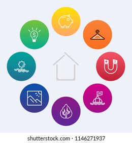 Modern, simple vector icon set on colorful circle backgrounds with sun, photo, travel, real, creativity, pole, success, life, concept, building, water, idea, magnetic, clothing, hanger, buoy icons