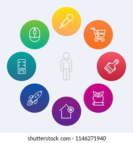 Modern, simple vector icon set on colorful circle backgrounds with audio, click, technology, music, home, shuttle, internet, fashion, equipment, retail, karaoke, space, device, cart, paint, male icons
