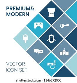 Modern, simple vector icon set on blue colorful background with instrument, game, drum, water, snorkel, boat, dialog, icecream, technology, tower, play, network, ship, cream, gaming, yacht, ice icons