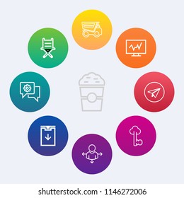 Modern, simple vector icon set on colorful circle backgrounds with medicine, place, metal, chair, download, business, dump, message, direction, road, sign, decor, restaurant, office, lock, old icons