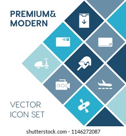 Modern, simple vector icon set on blue colorful background with internet, email, button, communication, kayak, ice, plane, river, chalk, food, empty, video, bike, water, bicycle, envelope, send icons