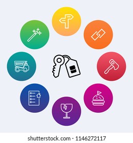 Modern, simple vector icon set on colorful circle backgrounds with direction, safe, glass, web, magical, destruction, tomato, window, link, screwdriver, security, bread, vehicle, construction icons