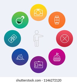 Modern, simple vector icon set on colorful circle backgrounds with finger, medicine, food, clock, identity, handle, film, laboratory, sign, animal, person, science, pointing, document, video, id icons