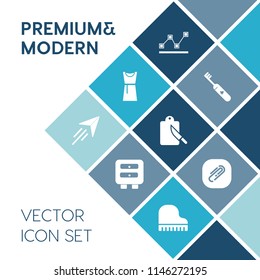 Modern, simple vector icon set on blue colorful background with chart, clothes, elegance, toothpaste, female, cutlery, paste, clothing, plane, health, drawer, data, musical, information, stats icons