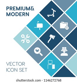 Modern, simple vector icon set on blue colorful background with woman, industrial, transport, axe, lifestyle, shopping, service, post, mailbox, tool, repair, work, box, archive, medical, office icons