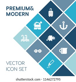 Modern, simple vector icon set on blue colorful background with bag, observatory, marine, nautical, water, style, object, sunglasses, suitcase, equipment, pasta, sign, transportation, baggage icons