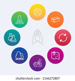 Modern, simple vector icon set on colorful circle backgrounds with material, healthcare, staircase, woman, technology, forest, refresh, nurse, female, travel, concept, tree, environment, arrow icons