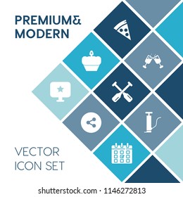 Modern, simple vector icon set on blue colorful background with calendar, cheese, white, social, bakery, computer, chocolate, web, cookie, media, sign, dessert, wineglass, red, muffin, food, bar icons