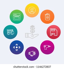 Modern, simple vector icon set on colorful circle backgrounds with garden, trash, machine, technology, tree, agriculture, equipment, home, male, recycling, life, voice, diskette, gardening, hand icons