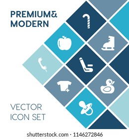 Modern, simple vector icon set on blue colorful background with ice, food, telephone, infant, fashion, lolly, candy, nature, colorful, white, championship, t-shirt, shirt, child, lollipop, duck icons
