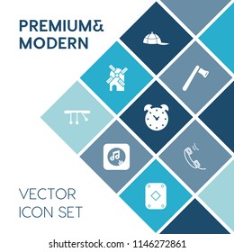 Modern, simple vector icon set on blue colorful background with white, clock, hammer, poker, play, electric, work, environment, watch, alarm, object, time, wind, phone, turbine, headwear, mill icons