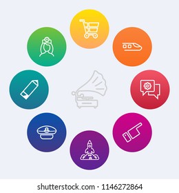 Modern, simple vector icon set on colorful circle backgrounds with communication, cap, rocket, pointing, play, female, sailor, people, nurse, entertainment, travel, gramophone, vinyl, shop, chat icons