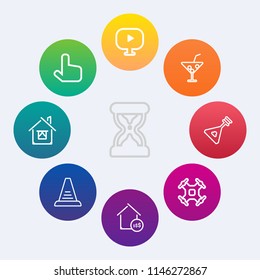 Modern, simple vector icon set on colorful circle backgrounds with aerial, sand, pointer, media, watch, minute, cursor, hourglass, press, string, music, drink, business, building, cocktail, hour icons