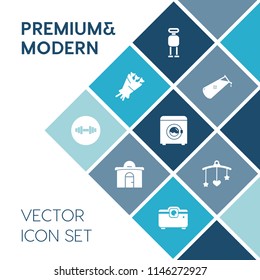 Modern, simple vector icon set on blue colorful background with pink, blossom, bed, element, machine, flower, wash, newborn, toy, chemical, chemistry, robot, cyborg, science, projector, future icons