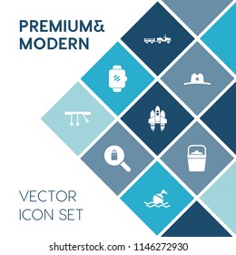 Modern, simple vector icon set on blue colorful background with wild, fashion, pendulum, smart, craft, life, screen, transport, rocket, device, clothes, watch, water, female, wireless, country icons