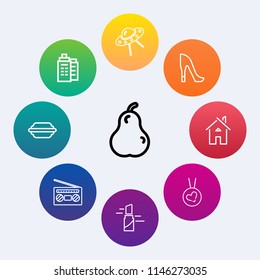 Modern, simple vector icon set on colorful circle backgrounds with house, necklace, healthy, home, fresh, burger, shoe, record, juicy, business, office, spacecraft, ufo, sound, hamburger, fruit icons