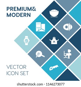 Modern, simple vector icon set on blue colorful background with desk, saw, sign, office, smart, technology, device, top, meal, plate, concept, cooking, space, dishware, bowl, gadget, pot, empty icons