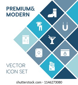 Modern, simple vector icon set on blue colorful background with boot, sign, horseshoe, poker, science, card, game, sweet, foot, shoe, style, white, collection, casino, footwear, leather, textile icons