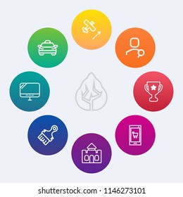 Modern, simple vector icon set on colorful circle backgrounds with medieval, place, trunk, plant, wood, award, pc, forest, green, computer, technology, transport, flight, air, laptop, mobile,  icons