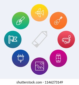 Modern, simple vector icon set on colorful circle backgrounds with scenery, snorkel, flight, flag, screwdriver, construction, pen, plane, minute, water, musical, national, office, nation, photo icons