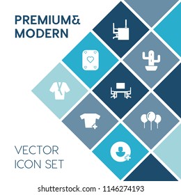Modern, simple vector icon set on blue colorful background with work, birthday, shirt, desk, succulent, air, balloon, fashion, botany, account, poker, table, notebook, black, office, beauty, top icons