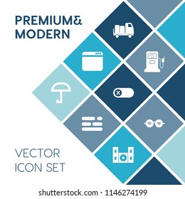 Modern, simple vector icon set on blue colorful background with energy, browser, video, internet, table, weather, service, computer, rain, website, glasses, chart, petrol, turn, technology, fuel icons