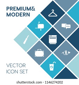 Modern, simple vector icon set on blue colorful background with gas, dialog, object, wardrobe, healthy, white, travel, delivery, juice, style, fashion, fruit, stove, hammer, talk, send, drink icons